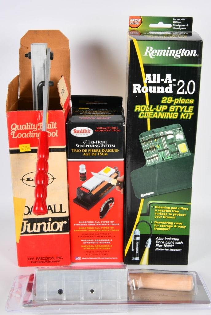Lot of Various Gunsmithing Accessories: Contains 1 NIB Smiths 6" Tri Hone Sharpening System, 1 NIB Remington All A Round 29 Piece Roll Up Cleaning Kit , & More!