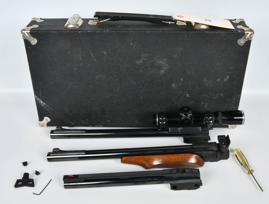 Thompson Center Barrels (3): first barrel Thompson Center Arms Super 14, comes with Thompson Center arms optics 1.5 RP 1.5x177 and front site, measures approx 14", second Thompson Center barrel is .44 mag, nice vented barrel meas