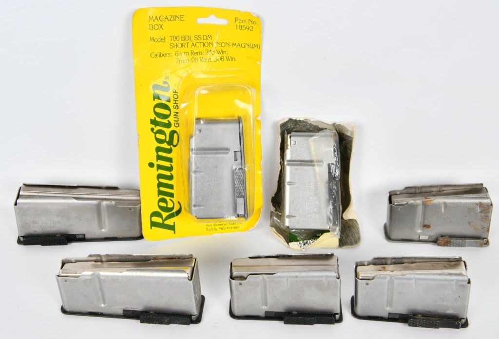 7 varies box magazines, there is (5) Remington: 700 BDL SS DM short action non magnum: magazines, two are new in the package and then three that are nice pre owned, the metal mag shows short action non magnum, then we have two magazines that are "l