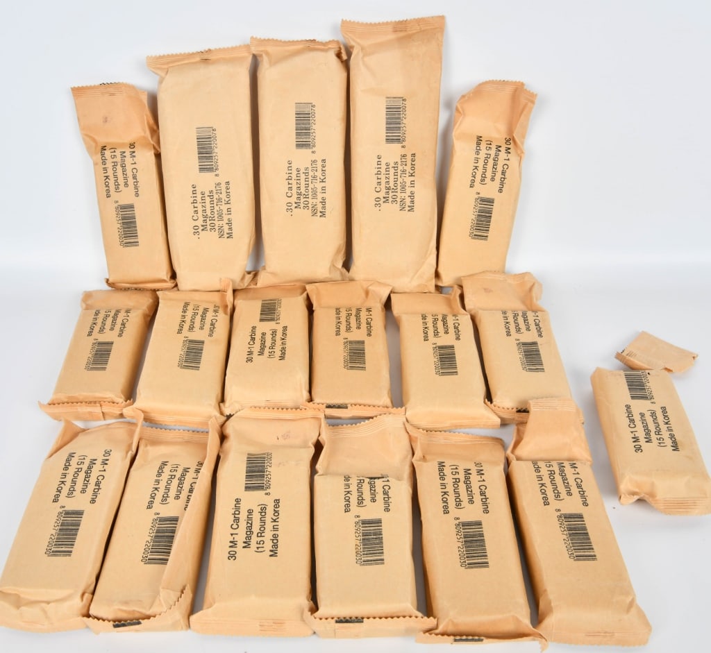 (15) 30 M-1 Carbine Magazines 15 rds & (3) 30 rd: lot contains 15 new in the package 30 M-1 Carbine Magazines that are 15 rounds and (3) 30 M-1 Carbine Mags that are 30 rds 15-round magazine Fits U.S. M1 Carbine .30 carbine Fits all original G.I carb