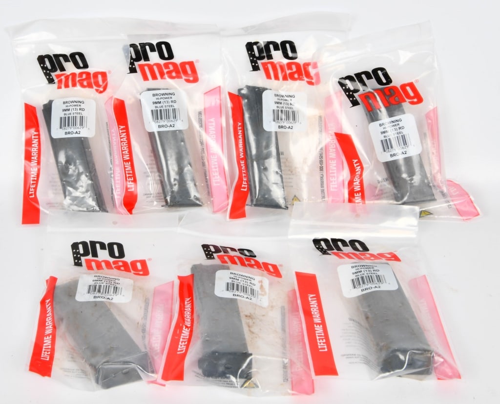 (7) PRO MAG Browning Hi-power 9mm 13 round blue: steel mags; This ProMag Browning Hi-Power Magazine is the perfect aftermarket magazine for your firearm. This magazine is for 9mm Luger and holds 13 rounds of ammunition. It is made of steel and comes