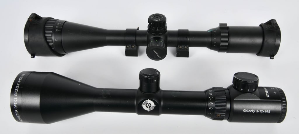 2 Long Range Matte Black Riflescopes: Grizzly 3-12x56E Tac Vector Optics Riflescope, & 1 Center Point Matte Black Riflescope With Adjustable Scope Mount