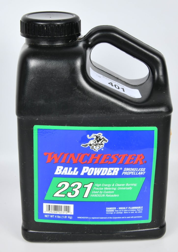4 Lbs of Winchester 231 Powder: Up Next We Have a Full 4 Lbs Jug of Winchester 231 Powder, When it comes to reloading, this powder is one of the most popular. The powder is the perfect choice for 9mm, .45 Auto, and .38 Special stand