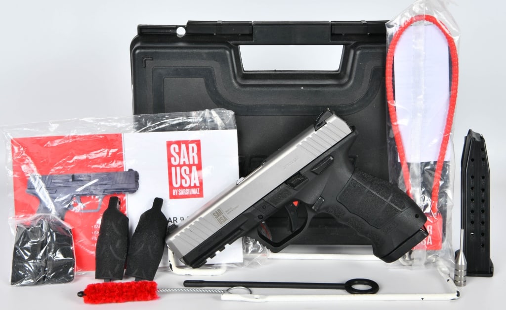 SAR USA SAR-9 Semi Auto Pistol 9MM: Up Next We Have a SAR USA SAR-9 Semi Auto Pistol Chambered in 9MM, It Comes in The Factory Hardcase WIth Two 17 Round Magazines, Interchangable Backstraps, Lock, and Paperwork. It Appears in Great Pre