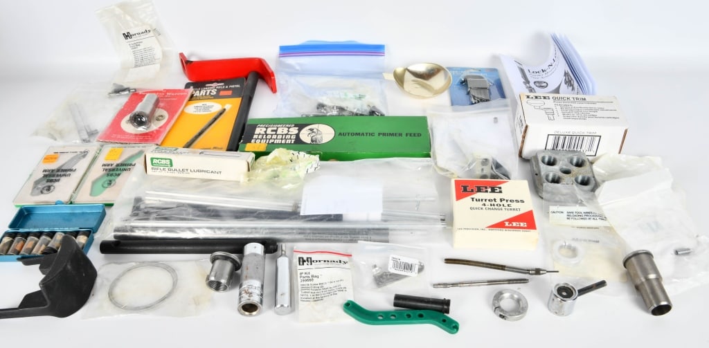 Reloading accessories and parts lot as listed: to name of few of the items a Lee Quick Trim press mounted case trimmer in box, CED DAA 12 Hex key set in package, Muzzle loading rifle and pistol Ramrod extension new, RCBS automatic primer feed in b