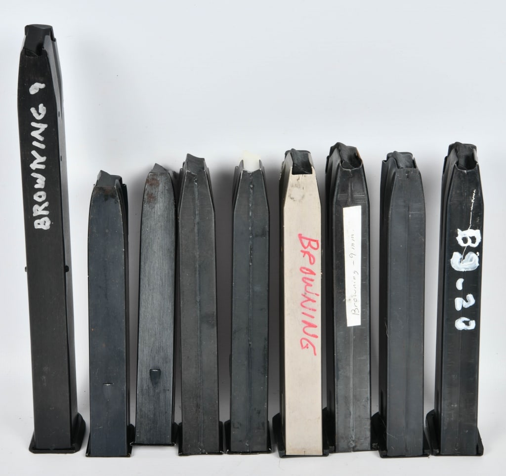 (9) Browning Hi Power 9mm Magazines various sizes: lot contains 9 various Browning Hi Power 9mm Magazines for your bidding fun, these come unmarked what so ever, they are hi cap magazines so know the laws in your state regarding Hi capacity mags, I wo