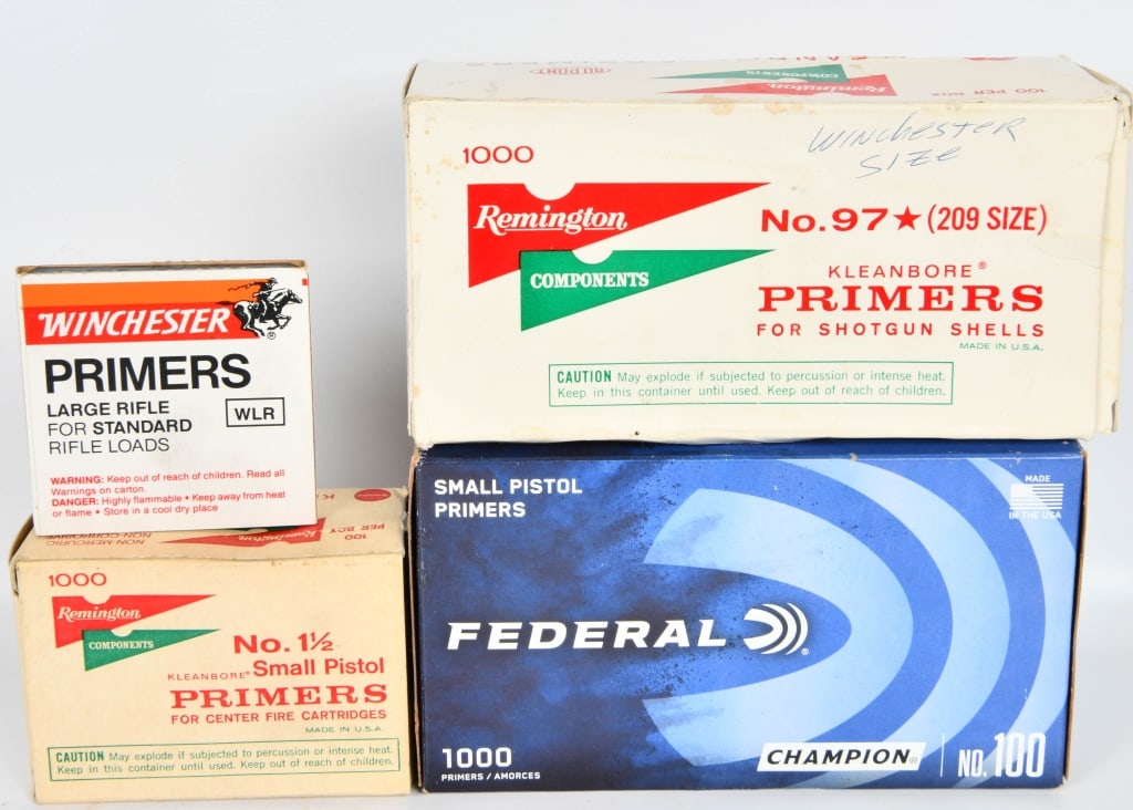 2110 Various Primers Rifle, Pistol, Shotgun: Here We Have a Mixed Lot With 2110 Various Primers, 10 Large Rifle, 1000 Small No. 100 Pistol, 500 Remington 1 1/2 Small Pistol, 500 Shotgun 209 No. 97.