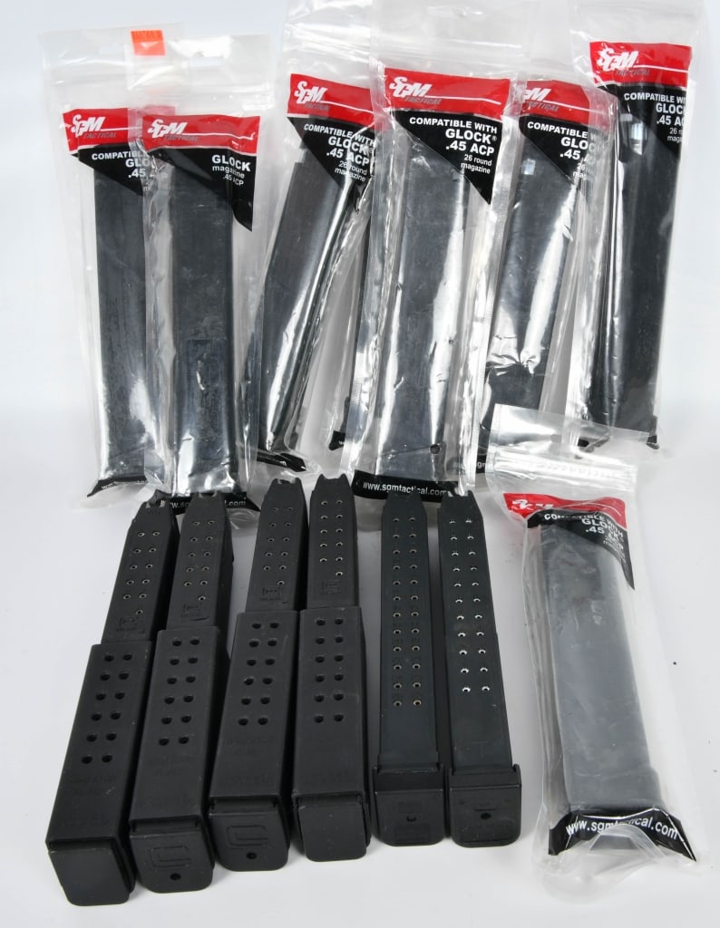 (14) Various Glock 45 Hi Capacity magazines (8): are new in the package and come as SGM Tactical 26 round capacity Glock 45 magazines #SGMT45G26R, then we have four Glock MagexG30 .45 ACP Kriss Super V Mags w/extender then we have two .45 Hi cap mag