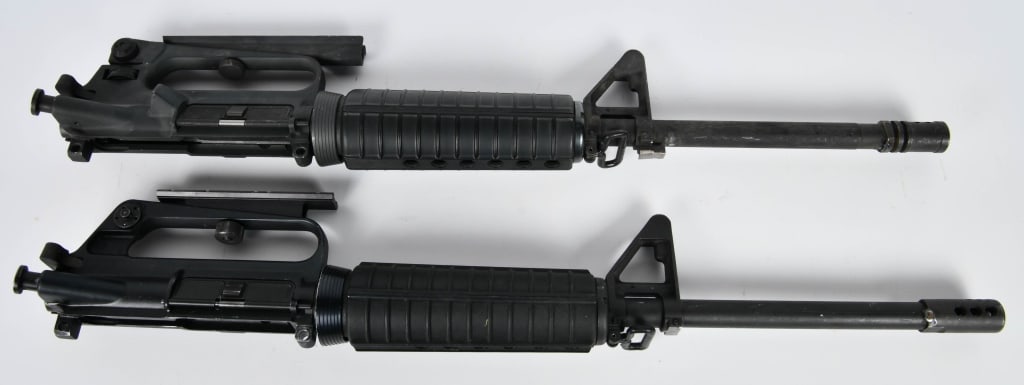 (2) Armalite style Complete Uppers: One piece carry handle like the Colt Style, both have the front sight polymer guard, B square rail, muzzle break, both have the bolt carrier group, 5.56 barrels, refer to pictures when bidding this lo