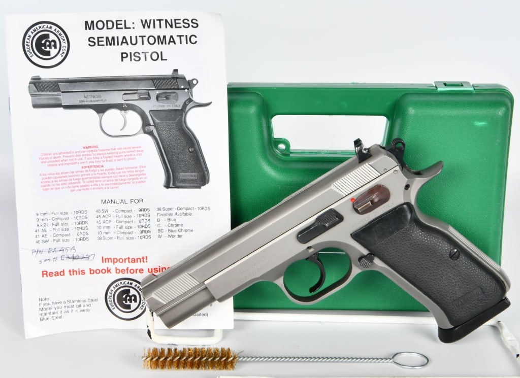 EAA Witness Full Size Semi Auto Pistol .45 ACP: Up Next We Have a Stainless EAA Witness Full Size Semi Auto Pistol Chambered in .45 ACP, It Comes With One Magazine and appears in Great Pre-owned Condition. The Witness steel pistol incorporates seve