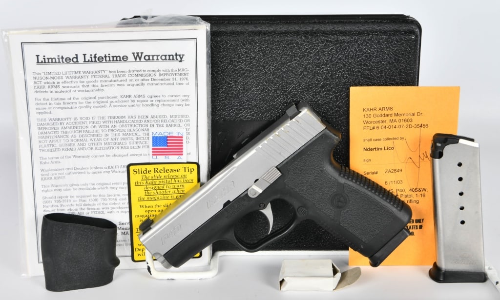 Kahr Arms P40 Semi Auto Carry Pistol .40 S&W: Up Next We Have a Kahr Arms P40 Semi Auto Carry Pistol Chambered in .40 S&W, Duotone, and Comes WIth Two 8 Round Magazines. Appears in Excellent Like New Condition in The Hardcase.