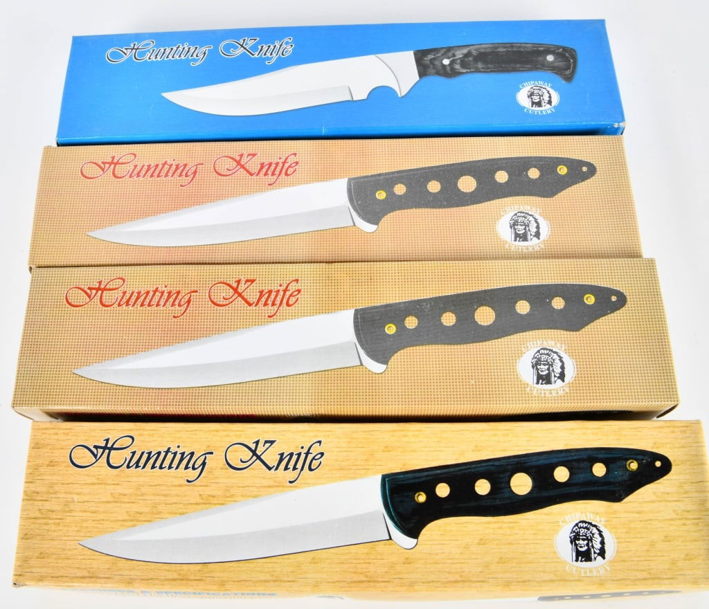 (4) Chipaway Cutlery 12" Hunting knife w/leather s: lot contains 4 Chipaway Cutlery 12" overall length Hunting knife, two are the Surgical steel blade hunting knife with black pakka wood handle and comes with a leather sheath new in the box and then we