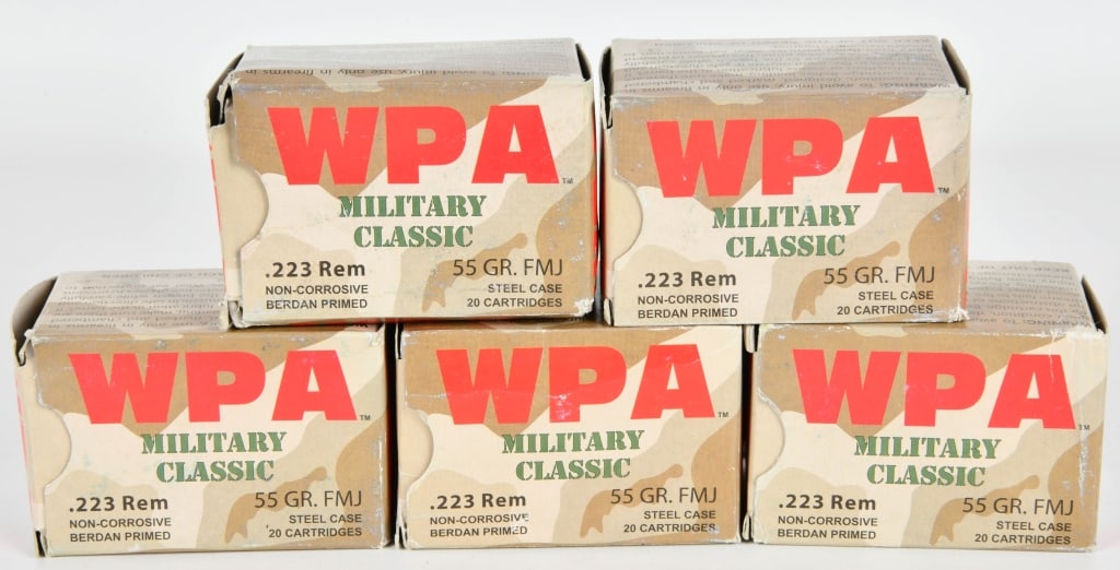 approx 100 rds .223 55 grain FMJ ammunition WPA: approx 100 rds .223rem 55 grain full metal jacket WPA Military Classic ammunition, steel case non corrosive, Berdan primed