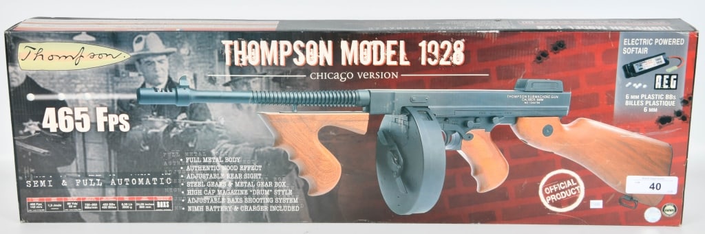 Thompson M1928 Full Metal Body AEG: Thompson M1928 Full Metal Body AEG This realistic replica comes with everything but a violin case! The infamous M1928 Thompson Submachine Gun, nicknamed the Chicago Typewritter, earned its nickname as