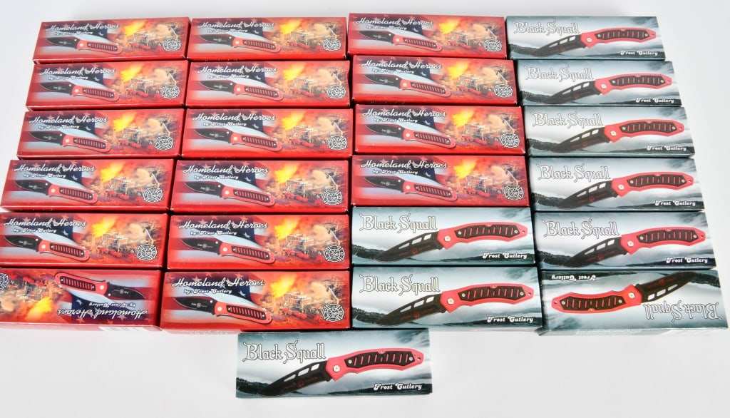 Lot of 25 New Folding Pocket Knives: Here We Have a Lot of 25 New Folding Pocket Knives, 9 of Them are Frost Cutlery Black Squall 4 1/2" Closed Liner Locking Tactical Knive, Black Coated Stainless Steel Blade With Adjustible Tension Sett