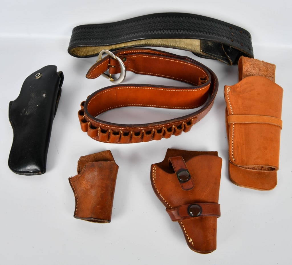 Lot of Various Leather Holsters & Belts: Various Size & Style Leather Belts & Holsters