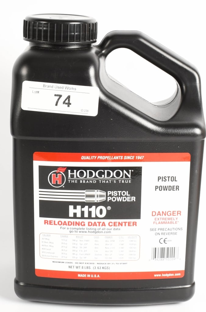Hodgdon H110 Pistol Powder 8lb full container: Lot conains one 8lb full container of the Hodgdon H110 Pistol Powder H110 is the spherical powder that screams "no wimps, please!", delivering top velocities with great accuracy in 44 Magnum, 454 Casu