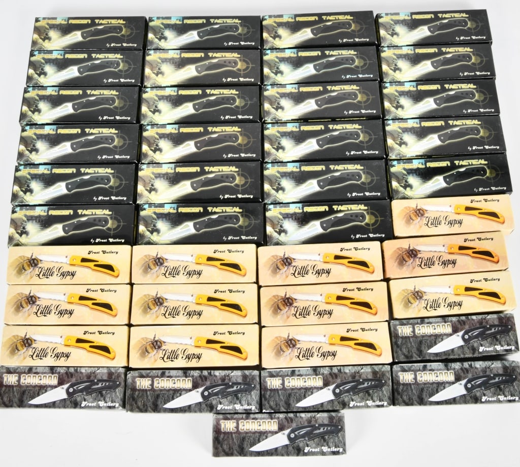 Lot of 41 New Folding Pocket Knives: Here We Have a HUGE Lot of 41 New Folding Pocket Knives, 23 are Special Recon Tactical Frost Cutlery 4 1/2" Closed Lightweight Lockback Knives, Stainless Steel Blade With Etch Textured Composition Han