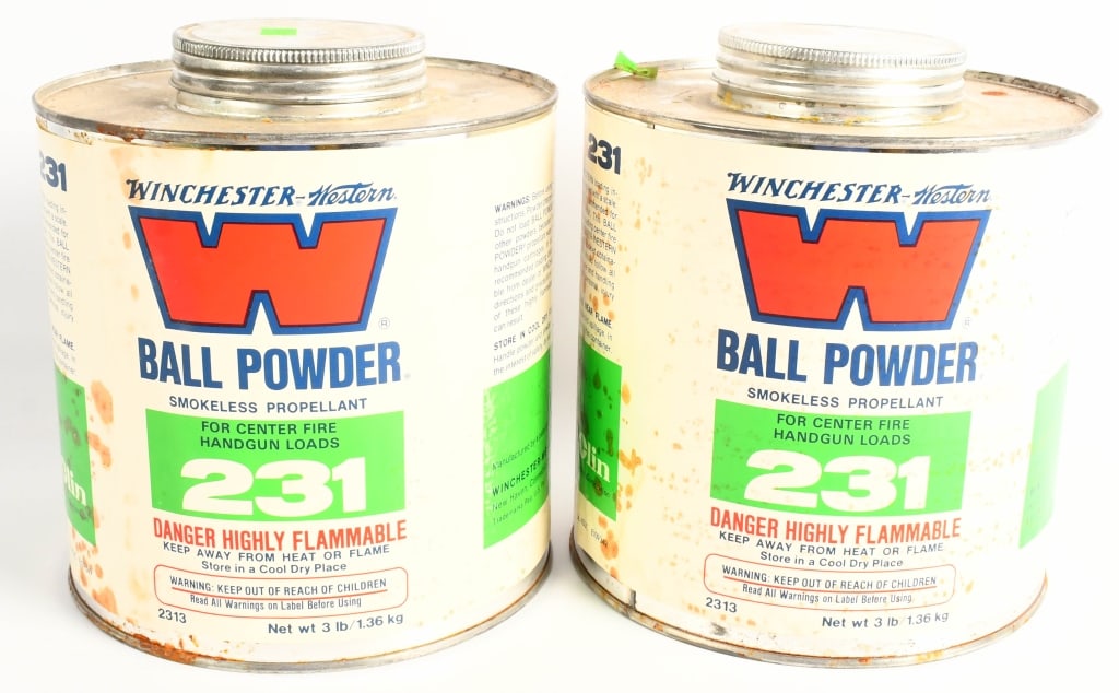 Winchester Ball Powder 231 for CF Handgun Load 6lb: lot contains two metal containers of the Winchester Ball Powder 231 for Centerfire Handgun loads one container weighs 3.02 lb and the other is 3.12 lbs