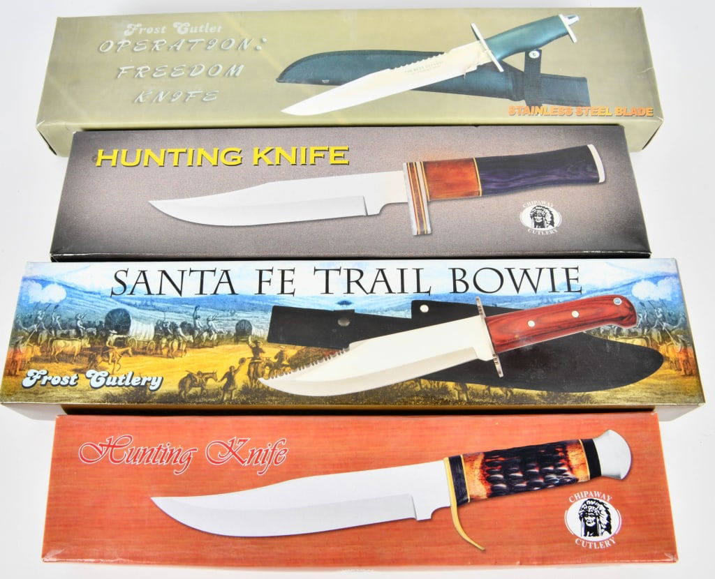 (4) Various Hunting Knves new in box: 12" overall length Chipaway Cutlery hunting knife with surgical steel blade, brass / silver bolster, brown color bone handle and comes with leather sheath, then we have a Chipaway 13" overall length h