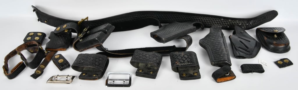 Leather Basket Weave Blk Belt Holster mag Holster: great lot for Law Enforcement, Military Personnel, Security Guard, etc lot contains a belt/holster/mag holster set up, basket weave, black, Holster shows 16H by Tex Shoemaker & Sons, dual mag holster 