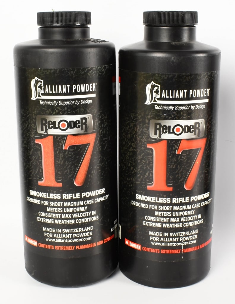 (2) Bottles Alliant Powder Reloder 17 Smokeless: lot contains (2) bottles of the Alliant Powder Reloder 17 Smokeless Rifle Powder weighing at 1.02 lbs. This powder is designed for short magnum case capacity, it meters uniformly, is consistent max ve