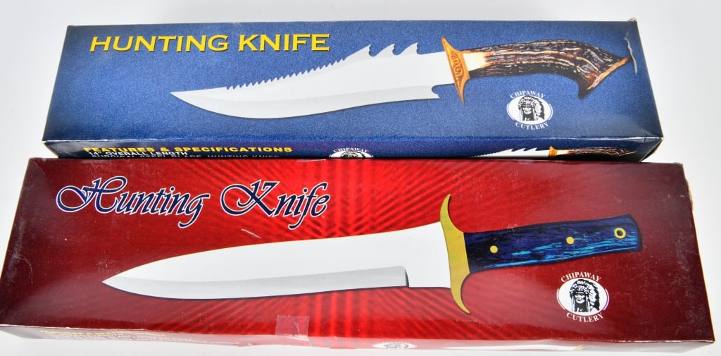Lot of Two Chipaway Large Hunting Knives: Here We Have a Lot of Two Chipaway Large Hunting Knives, The First One is 16" Overall length With Surgical Steel Blade, Brass Bolster, Blue Pakka Wood Handle, and Comes With a Leather Sheath. The Seco