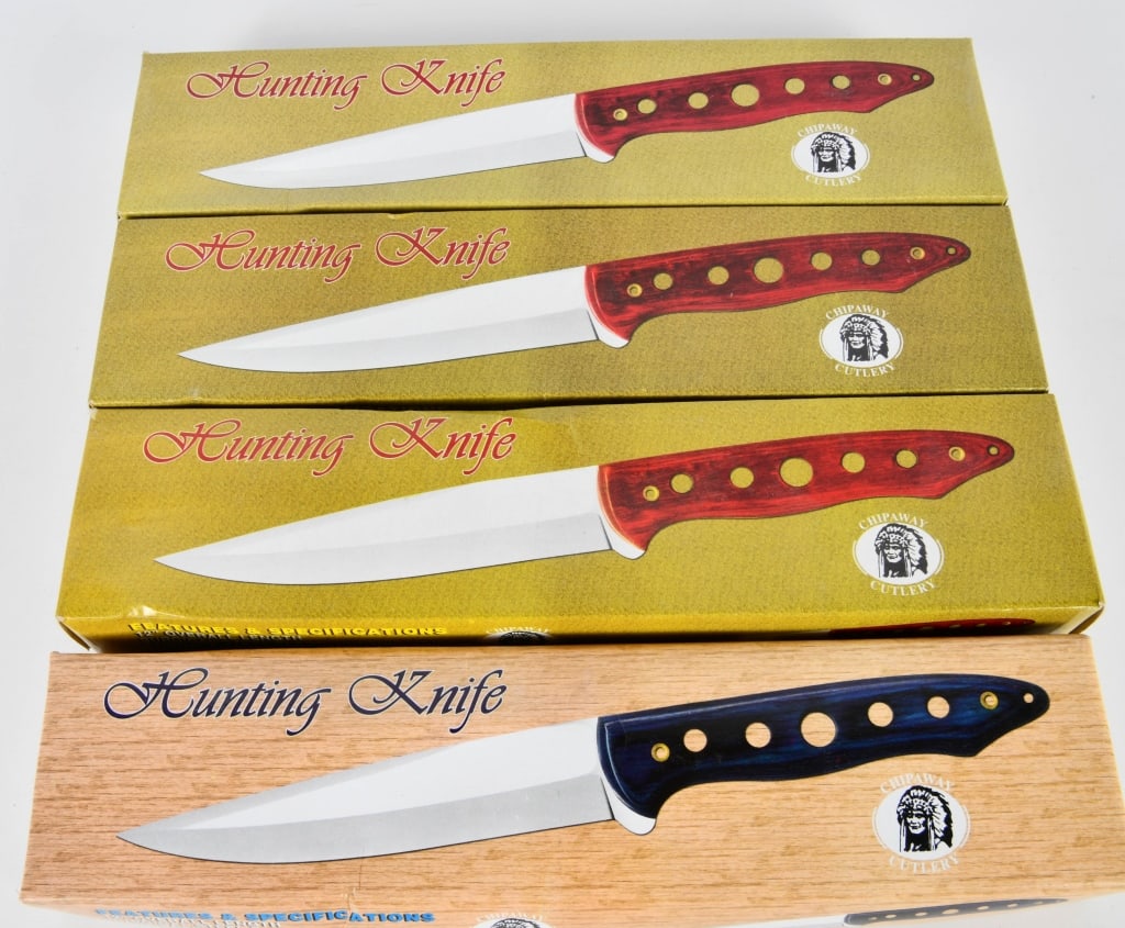 4 New in the Box Chipaway Cutlery Knives: 12" Overall Length Surgical Steel Blades With Pakka Wood Handles All Come With Sheaths