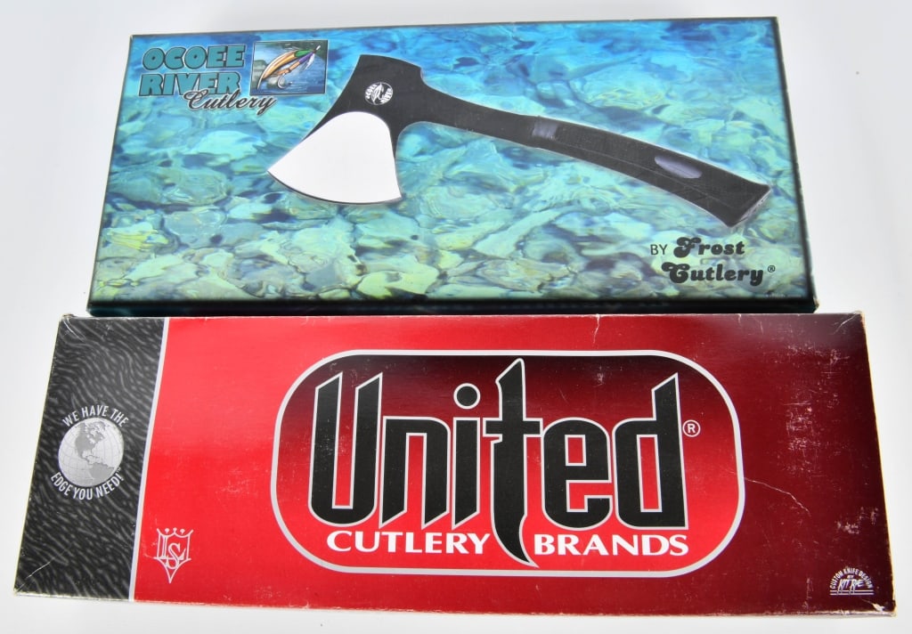 OCEE RIVer Cutlery AXE & Crusader Dagger: lot contains an OCEE RIVER Cutlery AXE, with an 11.5" overall length axe, has a stainless steel blades with black coating, ABS handle, comes with a black ABS sheath and is new in the box, we have a Cr