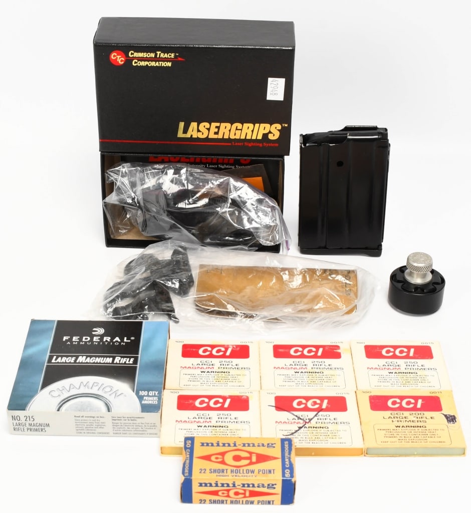 Various Gun Accessories & Primers: Lot Contains Lasergrips For J Frame S&W Mini 14 Metal Magazine, Speed Loader, Various Primers, & Leupold Scope Rings