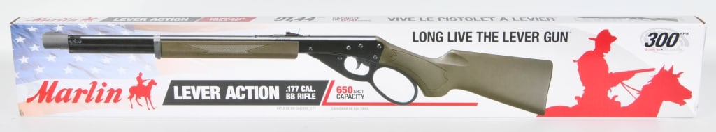 Marlin Lever Action .177 Cal BB Rifle New 650 Shot: lot contains new in the box Marlin Lever Action .177 Caliber BB rifle NEw in the box , 650 Shot capacity. 300 FPS w/steel BBs spring piston, adjustable rear sight, BB resevoir loading door, textured g