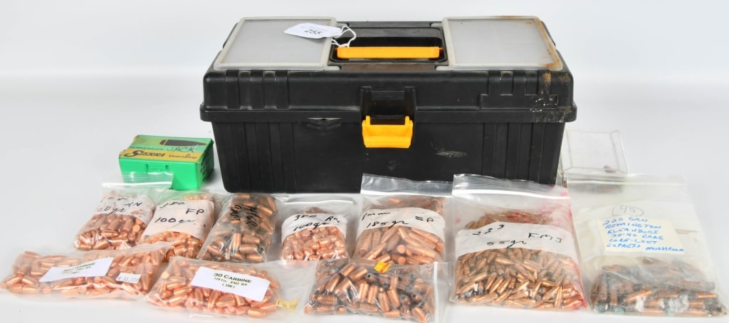 700 Count Of Various Reloading Bullet Tips: 8mm Soft Points, 220 Grain .30 40 Krag Bullet Tips, .380 Caliber Bullet Tips , Comes With Small Portable Tool Box