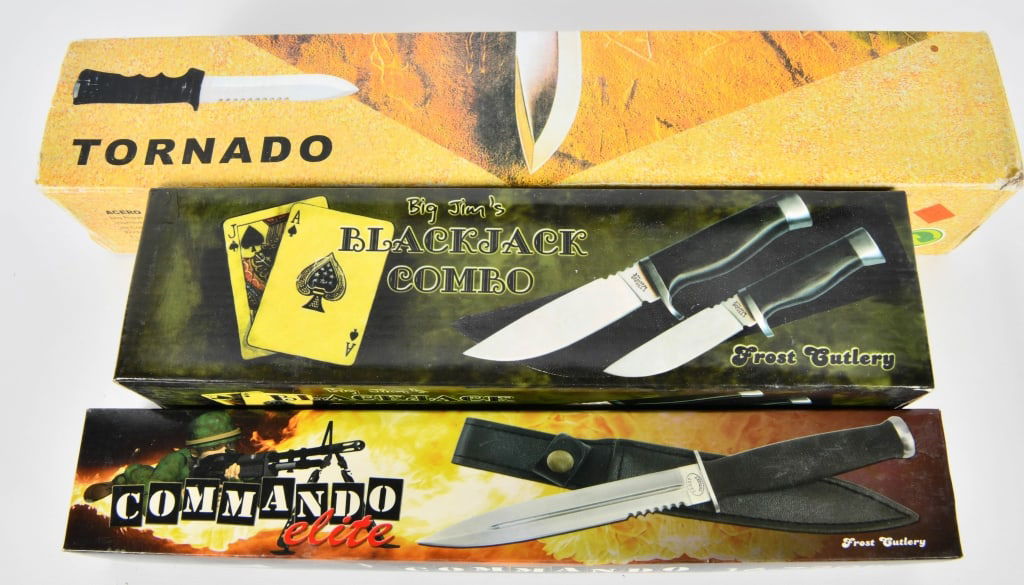 Tornado, Commando, Big Jims Blackjack in box: NEW in box Frost Cutlery Big Jims Black Jack Combo Knife with Sheath, this nice two piece skinning knife set is 9.5" and 7.5" overall length comes with stainless steel blades, guard and pommels come w