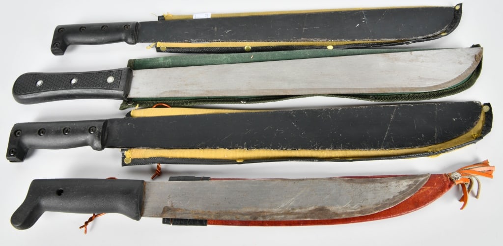 (4) Various Knives / Machete with Sheath: One of the Machetes is IMACASA made in El Salvador and has an overall length of 17" and has a blade that measures approx 12" and comes with a leather sheath, (2) Machetes with an overall length of 22.