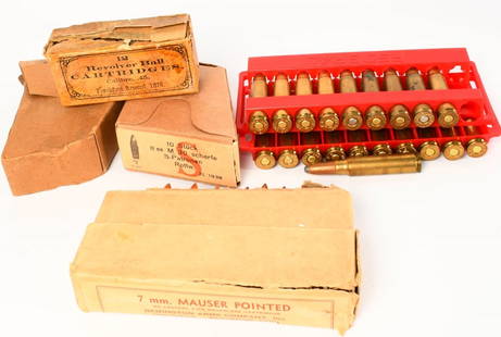 15 rds 8x56R , 20 rds 300 sav & 15 rds 7mm: lot contains various ammunition with various counts as listed below 15 rds 8 x 56 R Mannlicher partial box 11 original 2 w/cf crgs 2 w/cf strikes benet primed 45 S7W schofiled and 20 rds 300 sav 15 ro