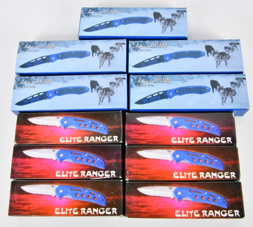 Lot of 11 Frost Cutlery Folding Pocket Knives: Up For Auction is a Lot of 11 Frost Cutlery Folding Pocket Knives, 6 are Elite Ranger 3 3/4" Closed Stainless Steel Blade, Rubberized Handle, One Metal Liner, and 5 are American Wildlife 4 1/2" Closed