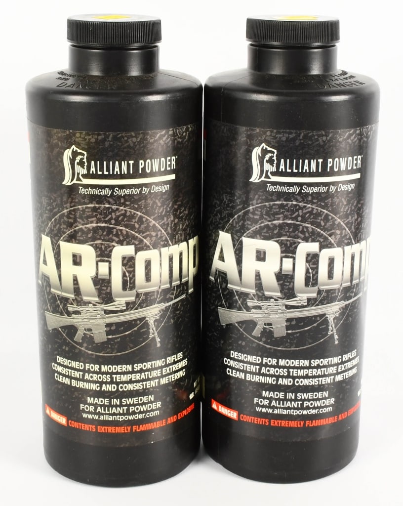 (2) Alliant Powder AR COMP Sporting Rifle Powder: lot contains (2) 1lb bottles of the Alliant Powder AR COMP Sporting rifle powder, which runs consistent across Temperature extremes, clean burning and consistent metering, Made in Sweden