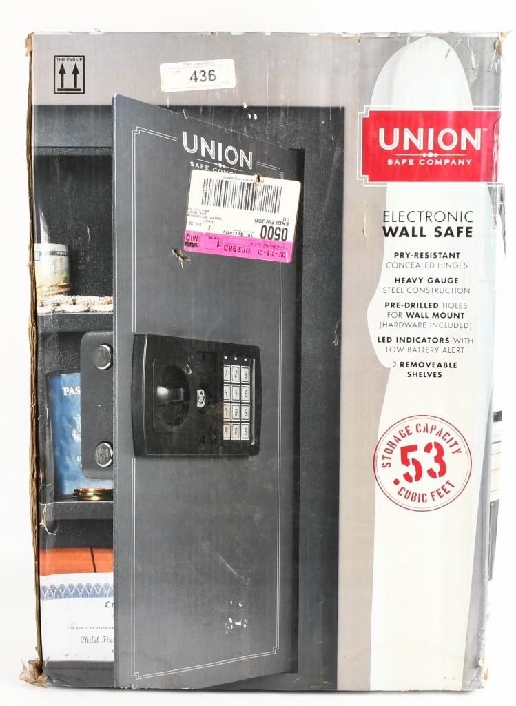 Union Electronic Wall Safe NOS: Union Safe Electronic wall safe that weighs in at 28 pounds is .53 cubic feet of storage 1/4 inch thick solid steel door 2x5/8 inche diameter steel postivie locking bolts, is pry reistent, heavy gauge