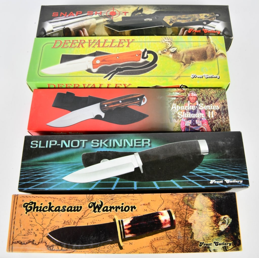 5 New In the Box Fixed Blade Knives W/ Sheaths: 1 Snap Shot 10 1/2" Long Knife, 1 Apache Series Skinner II Knife, 1 Deer Valley 9 1/2" Fixed Blade Knife , 1 Slip Not 9" Skinner Knife With Sheath, & 1 Frost Cutlery Chickasaw Warrior 8 3/4" Long Fixe