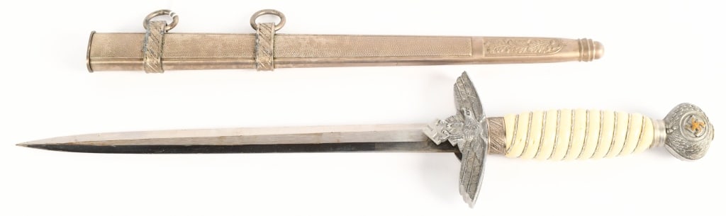 German Luftwaffe 2nd Model Officers Dagger F.W.: German Luftwaffe 2nd Model Officers Dagger F.W. H?ller Luftwaffe dagger, measuring approx 14.75 " overall with a nickel plated magnetic steel blade, measuring approx 10" with a very pointed tip, The b