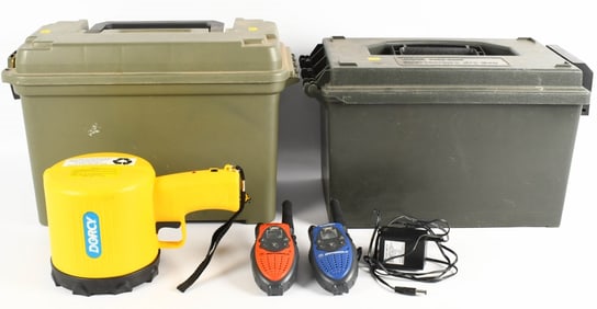 2 plastic containers, 2 motorola Talkabout & Dorcy
