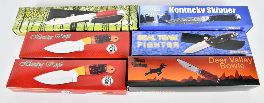 6 Large Size New in the Box Fixed Blade Knives: 1 8 3/4" Deer Valley Bowie Knife With Sheath, 1 Frost Cutlery Elite Tracker 11" Fixed Blade Knife With Nylon Sheath, 2 Chipaway Hunting Knives, & 1 Frost Cutlery Kentucky Skinner Knife