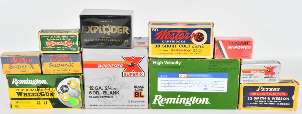 Various Ammunition & Collector Ammo Boxes: 20 Rounds of .30 06 SPRG, 49 Rounds Of Remington .32 S&W , 25 Rounds Of Winchester 12 Ga Blank Loads, & Various Empty Collector Ammo Boxes