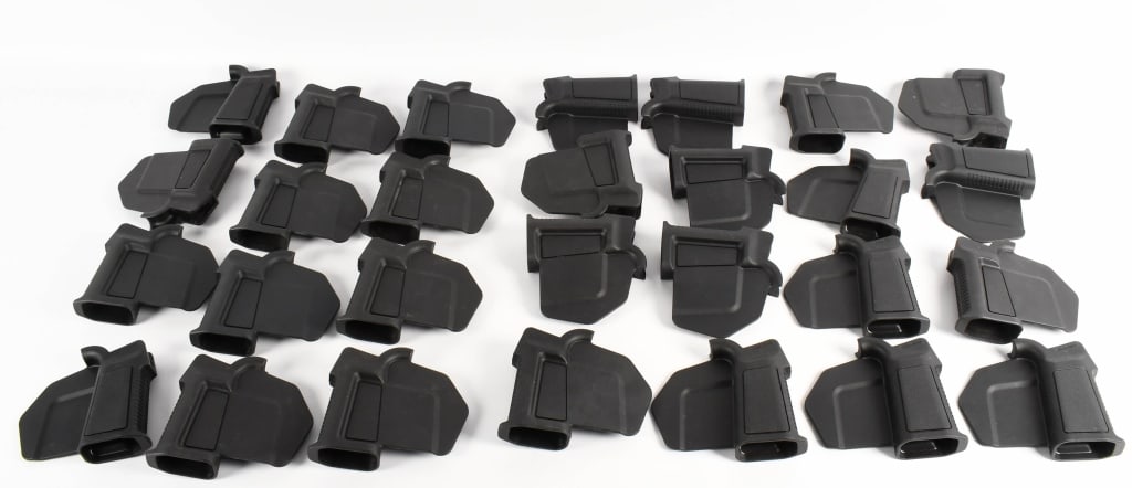 Lot of 28 New RifleGear F1 AR Featureless Grip: The RifleGear F1 AR Fin Grip matches the familiar angle of a conventional pistol grip, but allows for usage in feature restricted jurisdictions. The F1 AR grip requires no permanent modification and r