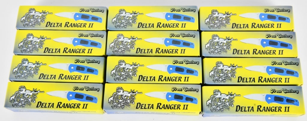 Lot of 12 Delta Ranger II Folding Pocket Knives: Up Next We Have a Lot of 12 Brand New Delta Ranger II Folding Pocket Knives, 3" Closed, Stainless Steel Blade With Thumb Screw Opener, Liner Lock Half Serrated Blade, Rubber Handle With Pocket/Belt Cl