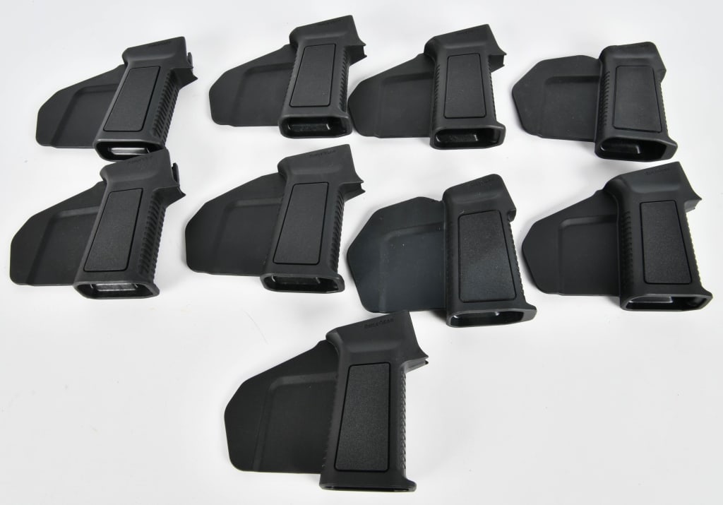 Lot of 9 New RifleGear F1 AK Featureless Grip: The RifleGear F1 AK Fin Grip matches the familiar angle of a conventional pistol grip, but allows for usage in feature restricted jurisdictions. The F1 AK grip requires no permanent modification and r
