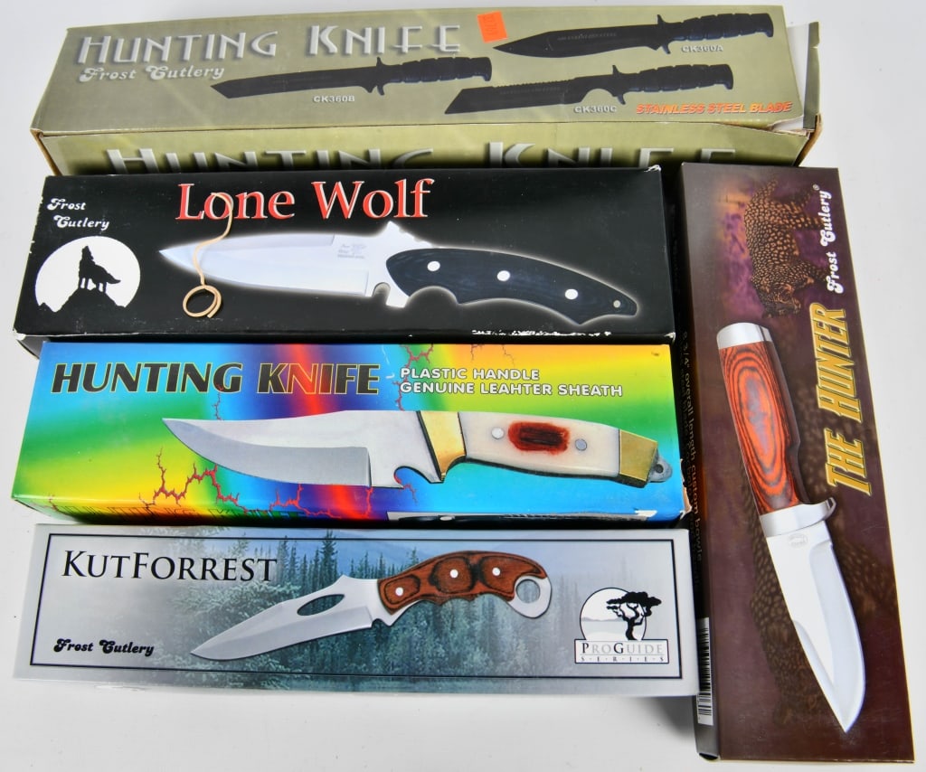 5 New in the Box Fixed Blade Knives: 1 Frost Cutlery Hunting Knife, 1 Kutforrest 9" Fixed Blade Knife, 1 8 3/4" The Hunter Knife, 1 Frost Cutlery Hunting Knife With Wood Handle, & 1 10 1/4" Lone Wolf Knife Brand New In the Box