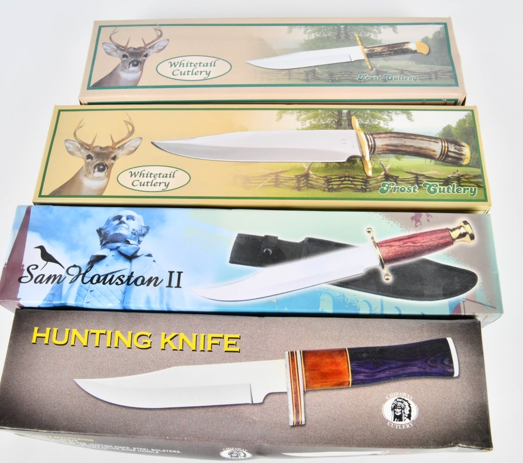 4 New In the Box Hunting Bowie Knives: 2 Whitetail Cutlery Bowie Knives, 1 Sam Houston II 15" Long Skinner Knife, & 1 Chipaway 13" Long Bowie Knife With Leather Sheath