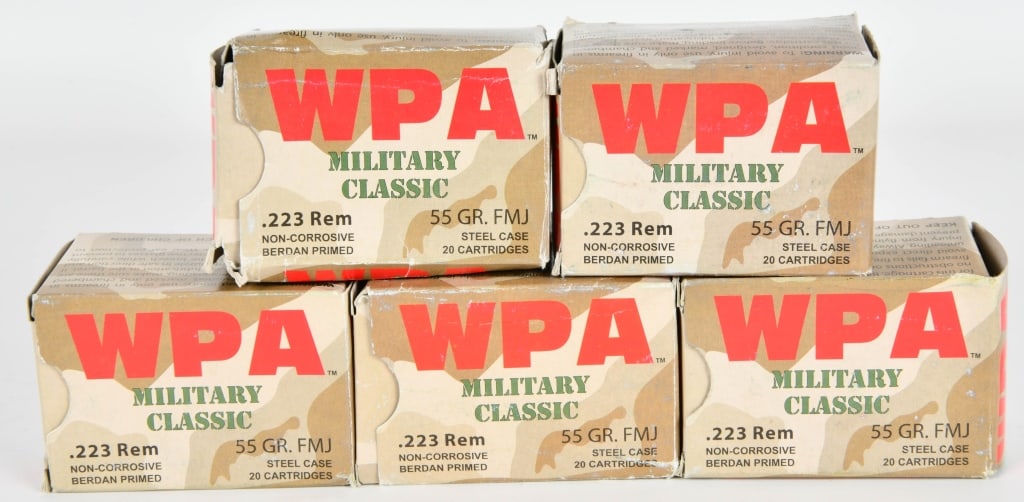 approx 85 rds .223 55 grain FMJ ammunition WPA: approx 85 rds .223 rem 55 grain full metal jacket WPA Military Classic ammunition, steel case non corrosive, Berdan primed