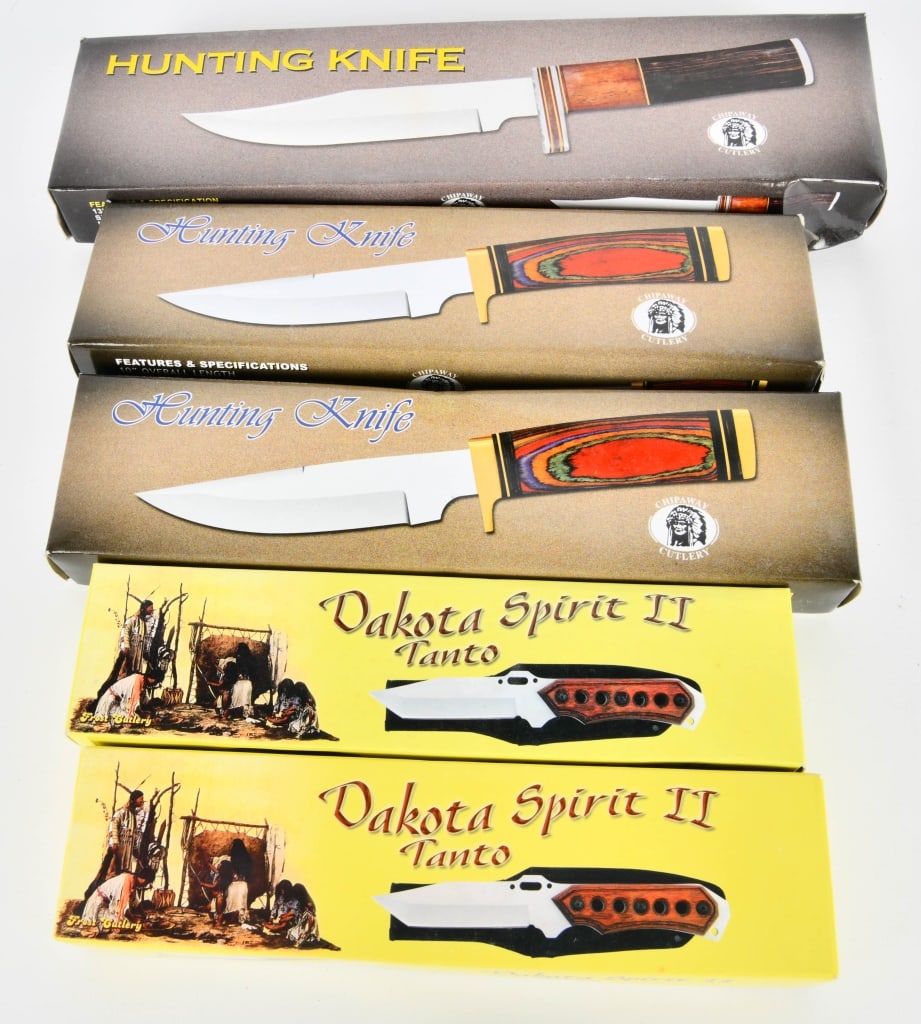 5 New In the Box Fixed Blade Knives: 2 9" Dakota Spirit II Tanto Knives With Nylon Sheaths, 2 Chipaway 10" Long overall Surgical Steel Hunting Knives With Leather Sheaths, & 1 Chipaway 13" Overall Length Surgical Steel Hunting Knife With